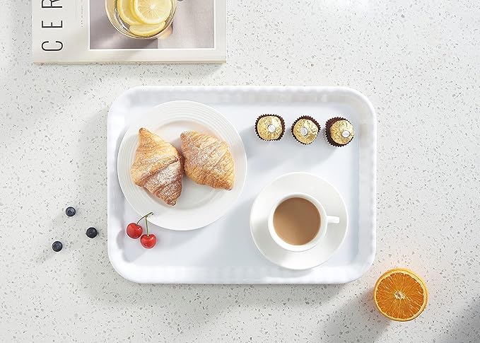 Blue Boat 17" x 12" Rectangular Serving Trays Set Set of 4 White, Melamine Serving Platter, Light Weight Easy to Clean Sturdy Stackable BPA-Free Dishwasher Safe