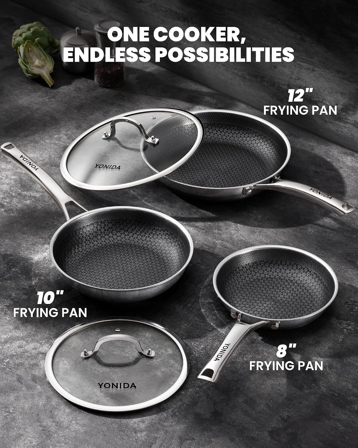 Non Stick Frying Pans, 12 inch Hybrid Fajita Pans with Lid – close-up