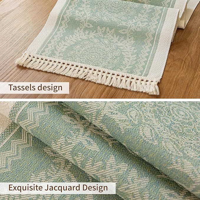 Table Runner, 14 x 95 Inch Green Polyester with Fringe Trim