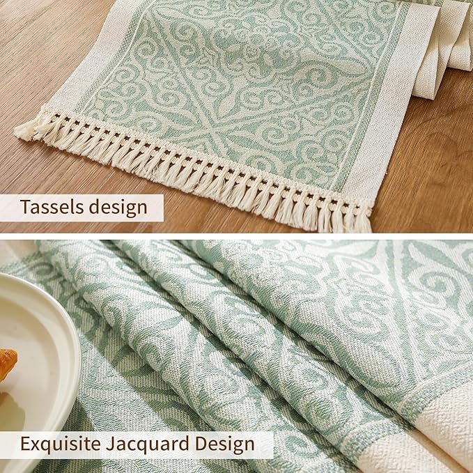 Table Runner, 14 x 119 Inches, Green Polyester with Fringe