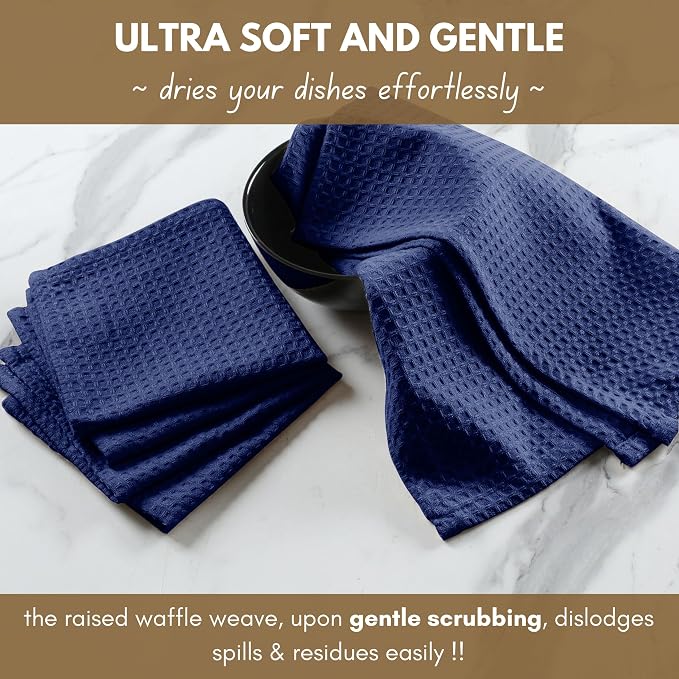 Dish Towels 4 Pack, 100% Cotton Waffle Weave, 16x26 in Indigo Blue