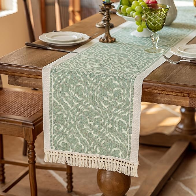 Green Boho Table Runner, 14 x 107 Inch Polyester with Fringe