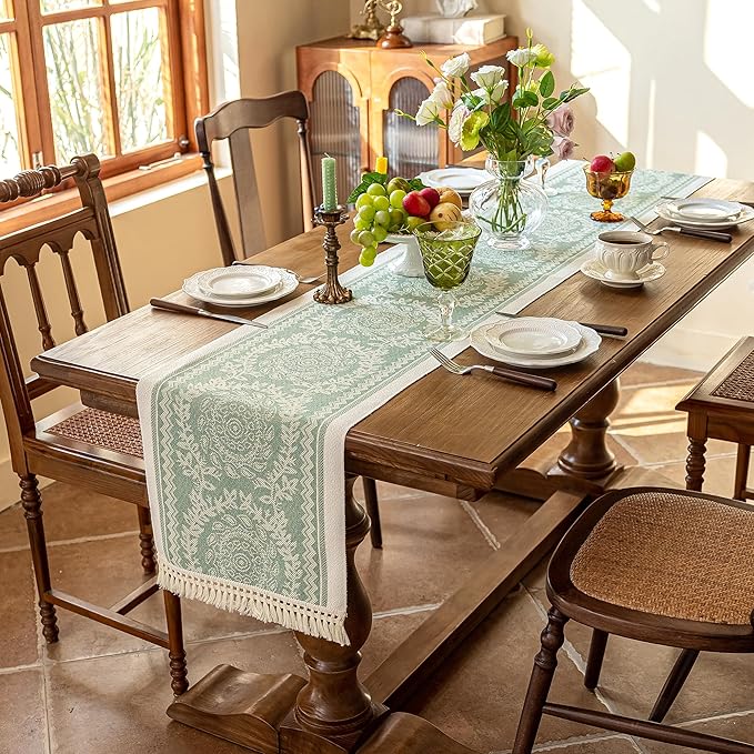Table Runner 14 x 63 Inch Boho Polyester Fringed Green