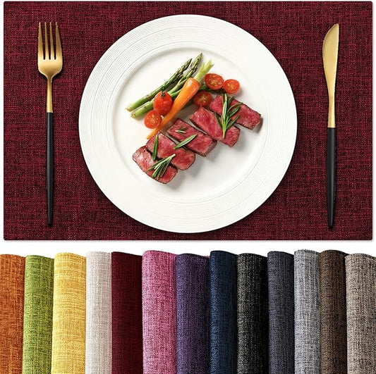 KXN Christmas Placemats Set of 6, Dual-Layer Thickened Faux Linen Table Mats, Heat Resistant & Wrinkle-Free, Machine Washable Cloth Place Mats for Kitchen Dining Indoor Outdoor (Red)