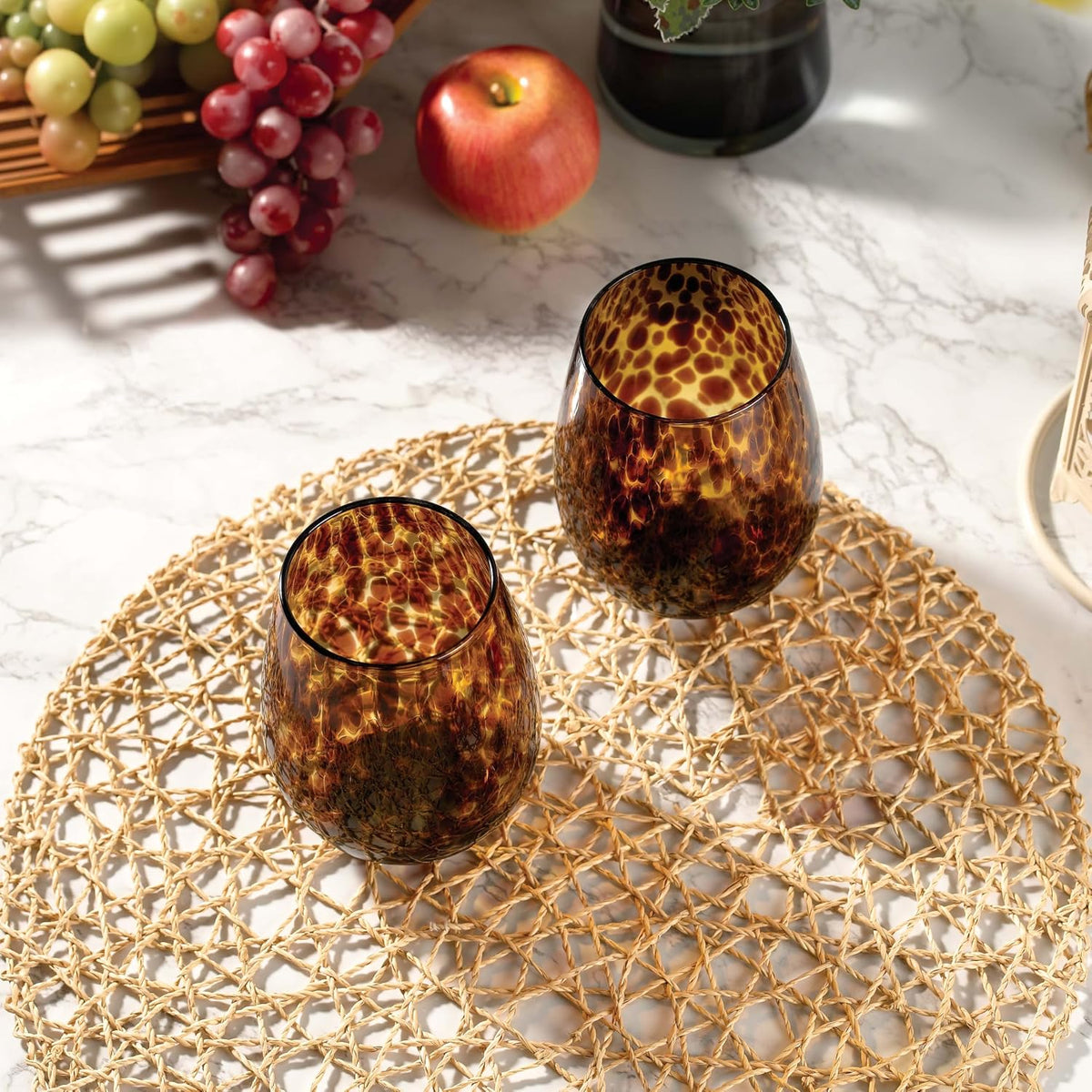 Tortoise Shell Stemless Wine & Water Glass Set of 4 – 16.91 oz Borosilicate – set view