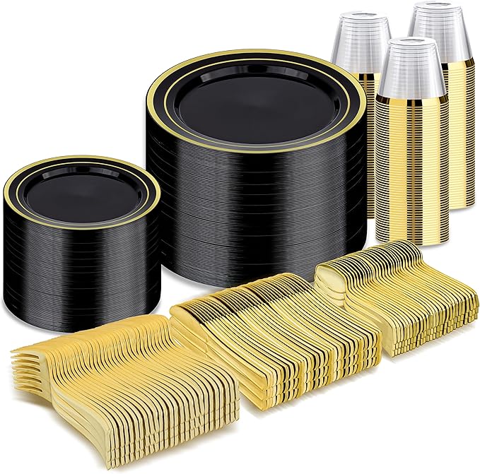 Disposable Black Plastic Plates Set with Gold Rim, 600 Pieces