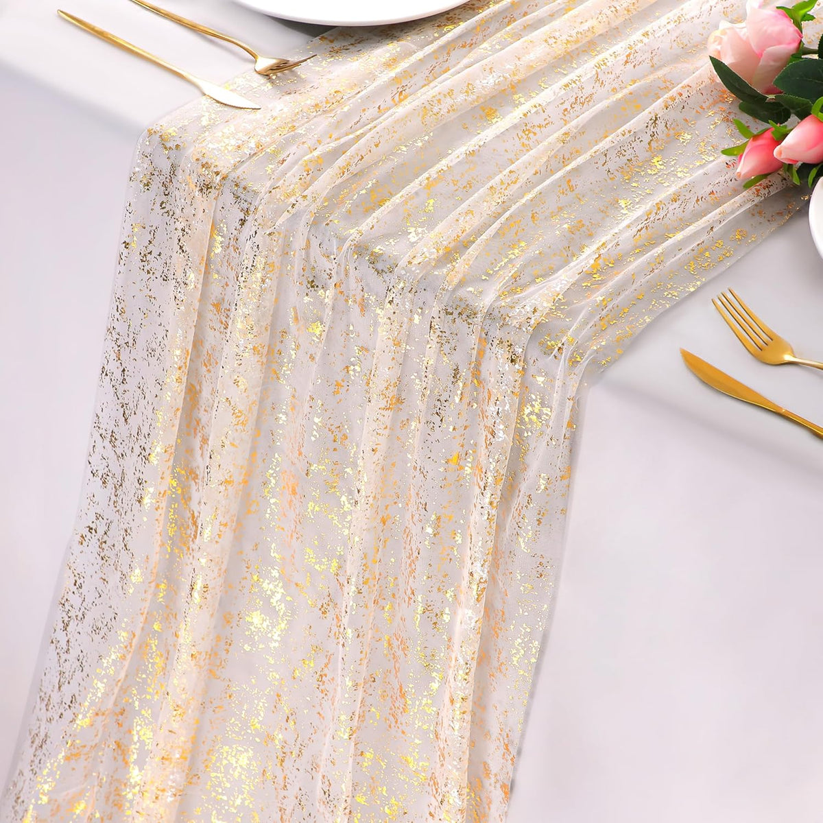 10 Pack 10ft Gold Table Runners, Sheer Chiffon Tulle Cheesecloth Sequin Glitter