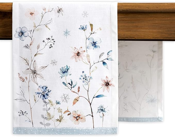 Table Runner, 100% Cotton, 14.5 x 90 Inch Ice Floral Watercolor