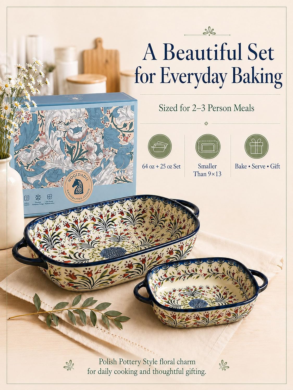 2-Piece Hand-Painted Polish Pottery Style Ceramic Baking Dish Set – detail