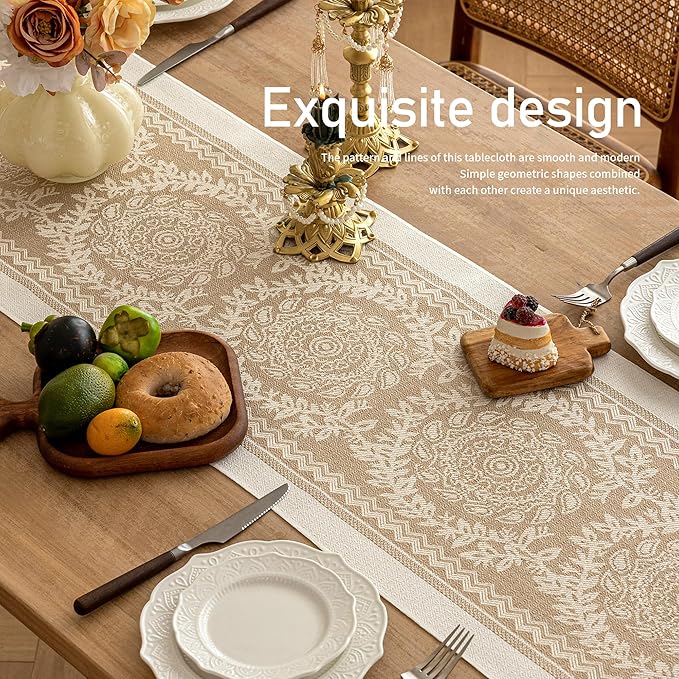 Coffee Boho Table Runner in Polyester, 14 x 138 Inches Fringed