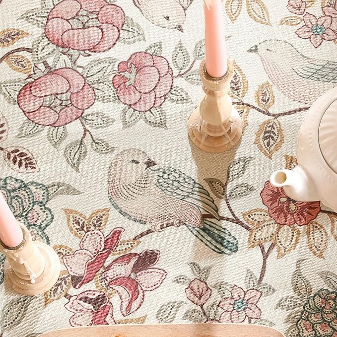 patdrea Designer Pink Linen Table Cloth for Rectangle Table,Vintage Floral with Birds Pattern Decorative Tablcloth,French Table Cover for Kitchen Dining,Thanksgiving,Christmas,55"x79"-Kulom a