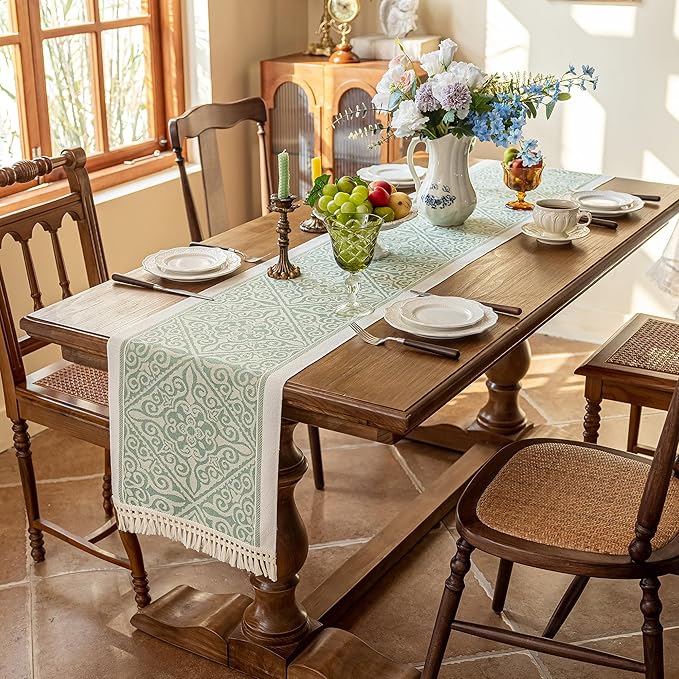 Table Runner Green Boho Geometric Print, 14 x 138 Inches Polyester