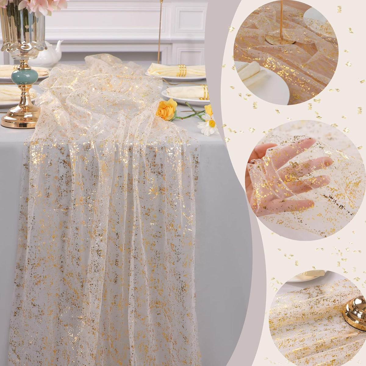 10 Pack 10ft Gold Table Runners, Sheer Chiffon Tulle Cheesecloth Sequin Glitter – close-up