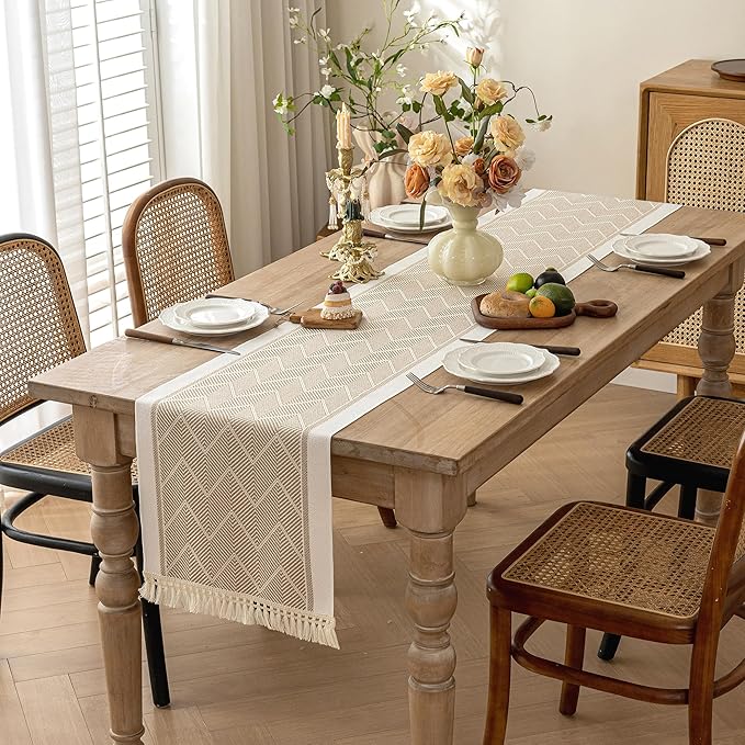 Table Runner 14 x 72 Inch Coffee Boho Polyester with Fringe Trim