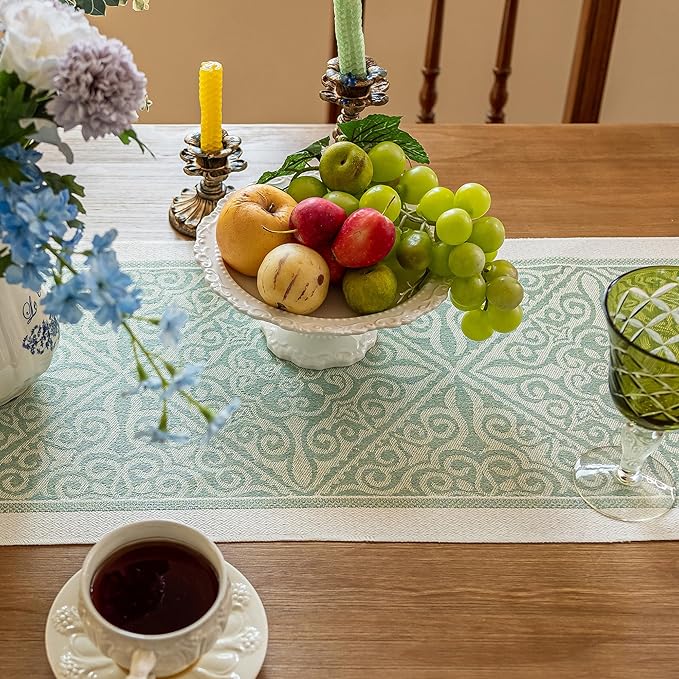 Table Runner Green Boho Geometric Print, 14 x 138 Inches Polyester