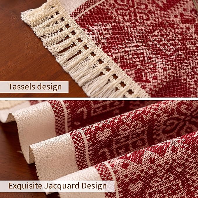 Table Runner, Red Polyester Fringed Boho Style, 14 x 119 Inches