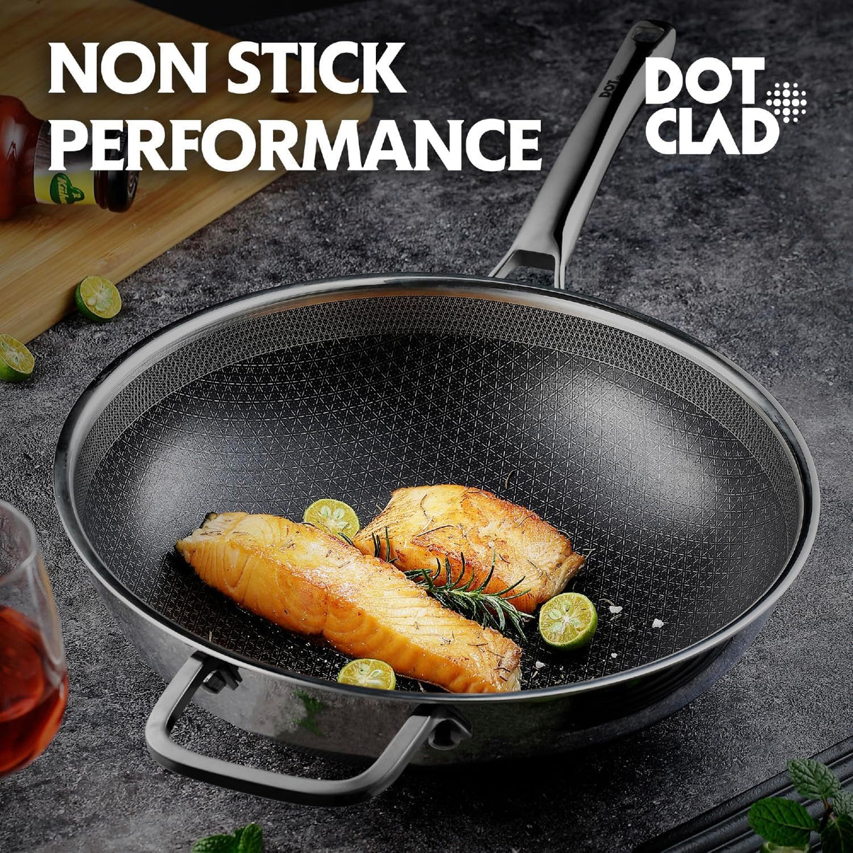 Wok Pan with Lid, 12 Inch Stainless Steel Nonstick Wok, Stir-Fry Pan – close-up