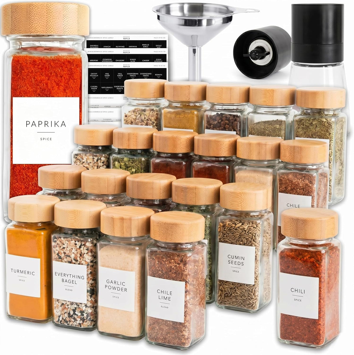 Glass Spice Jars with Label, 24PK Bamboo Jar Spices Set 4oz, 374 Spice Labels