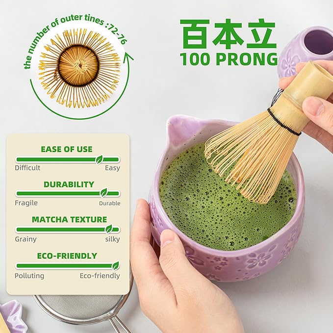 TEANAGOO 7-PCS Purple Matcha Whisk Set with Cherry Blossom Design, Complete Ceremony Kit, Ceramic Chawan Bowl with Spout, Whisk & Accessories, Traditional Matcha Tea Set for Lattes& Gift Giving