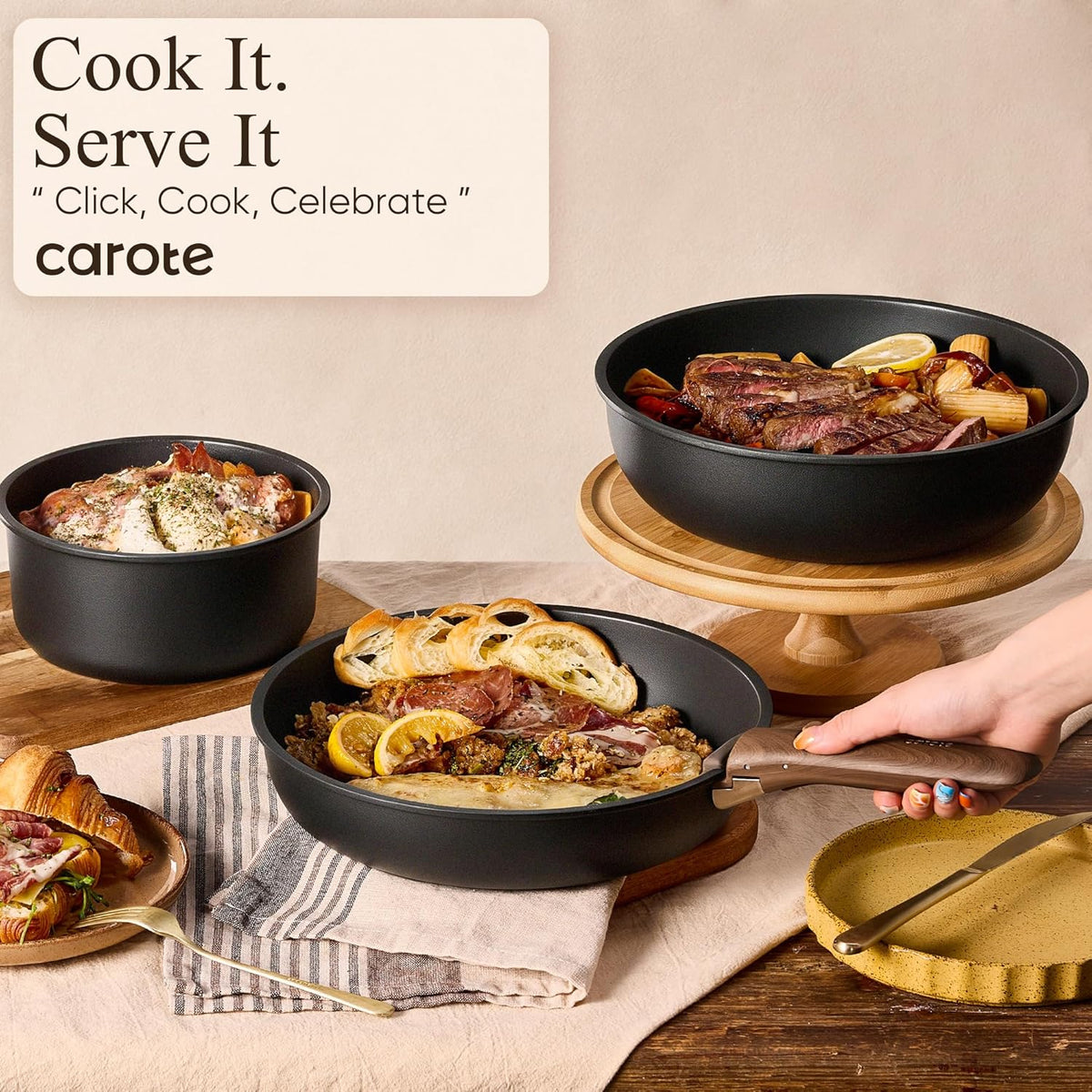 21pcs Pots and Pans Set Non Stick, Detachable Handle Cookware, Black – set view