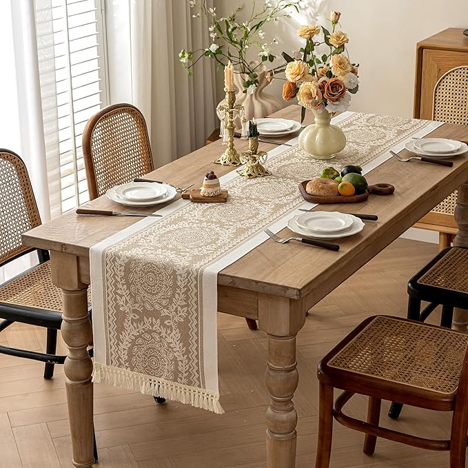 Table Runner, Coffee Boho Fringed Polyester, 14 x 63 Inch