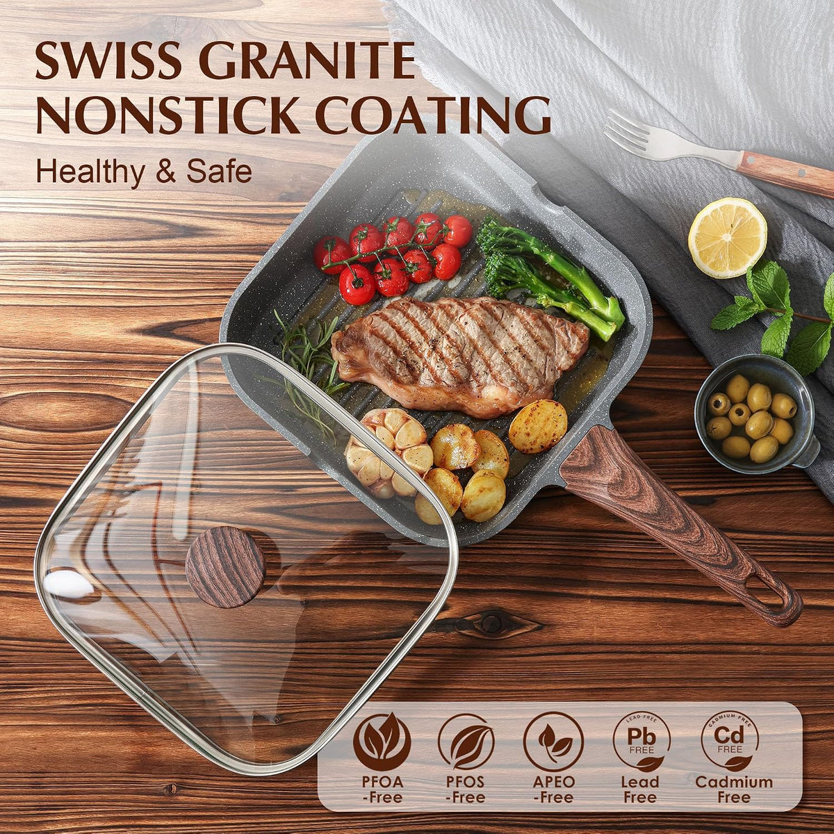 Nonstick Grill Pan with Lid, Grill Pan for Stove Tops, Versatile Griddle Pan – detail