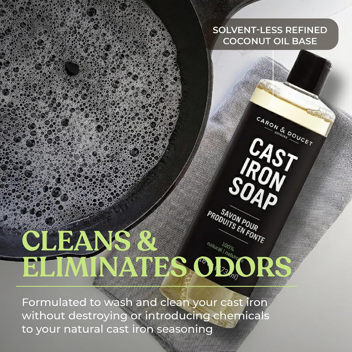 New Ultimate Cast Iron Set: Seasoning Oil, Cleaning Soap & Restoring Scrub | – close-up