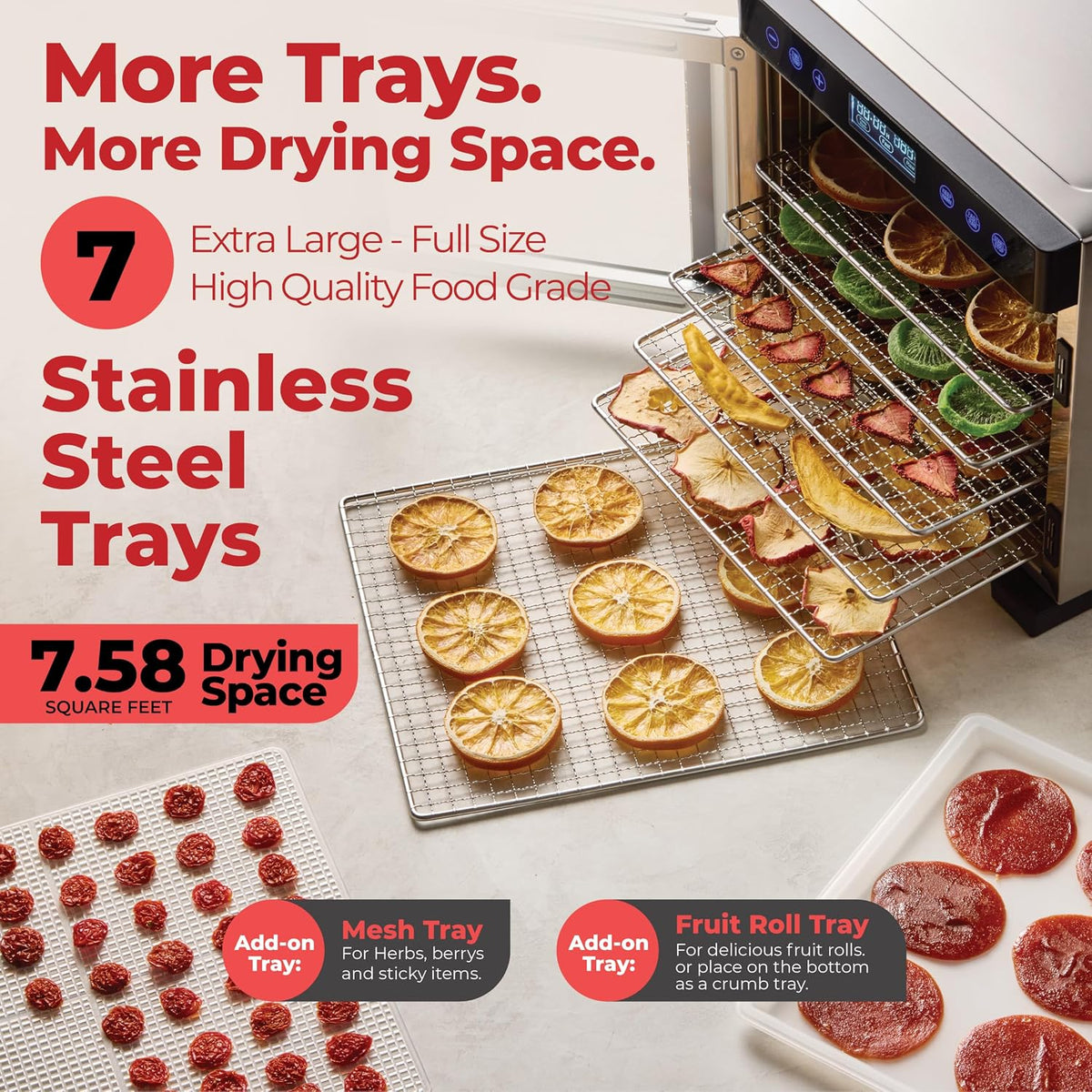 Pro Food Dehydrator Machine | 7 XL Stainless Steel Trays | Dryer for Jerky, Dog – close-up