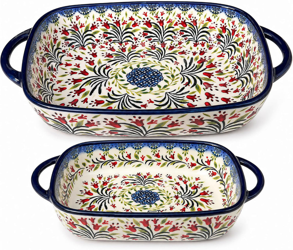 2-Piece Hand-Painted Polish Pottery Style Ceramic Baking Dish Set