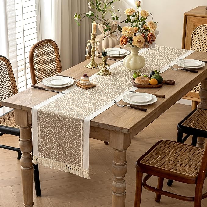 Table Runner in Coffee Boho Polyester with Fringe, 14 x 138 Inches