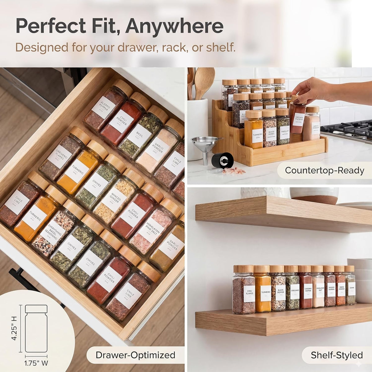 Glass Spice Jars with Label, 24PK Bamboo Jar Spices Set 4oz, 374 Spice Labels – detail