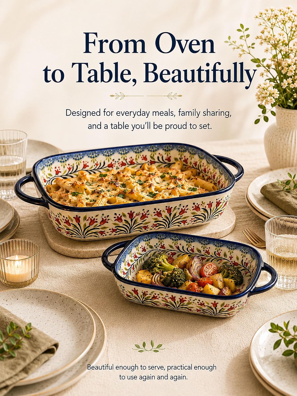 2-Piece Hand-Painted Polish Pottery Style Ceramic Baking Dish Set – alternate view