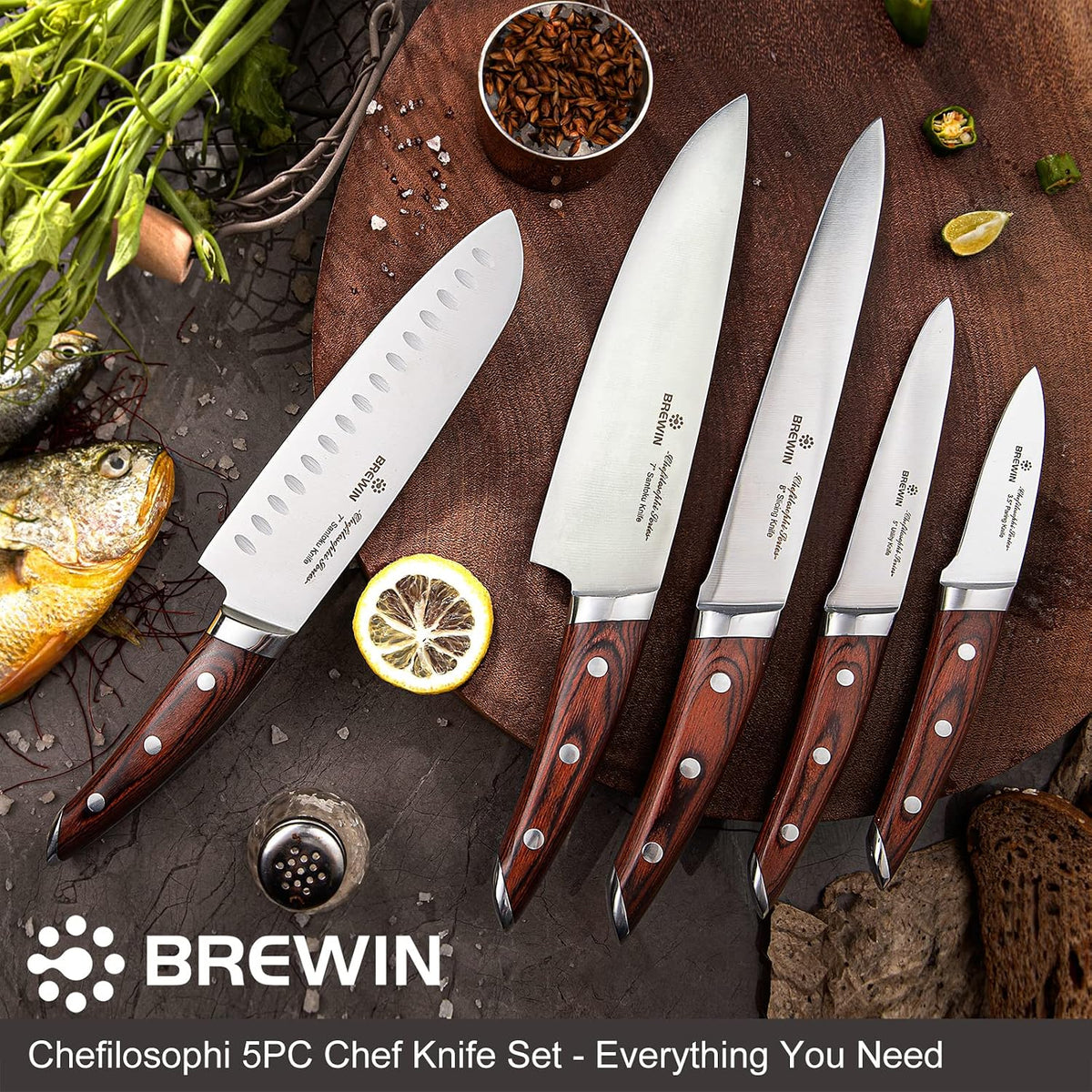 CHEFILOSOPHI Japanese Chef Knife Set 5 PCS with Elegant Red Pakkawood Handle – close-up