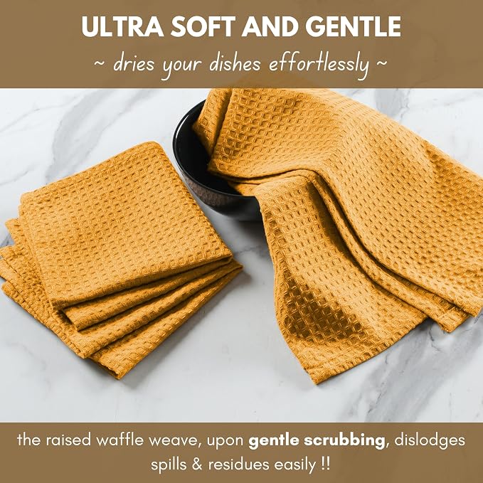 Waffle Weave Cotton Dish Towels, 6-Pack, Mustard Yellow, 16x26 Inches