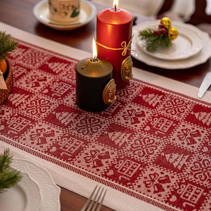 Table Runner, Red Polyester 14 x 107 Inches with Fringe Trim