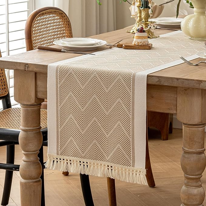 Table Runner in Coffee Boho Style, Polyester with Fringe, 14x63 Inches