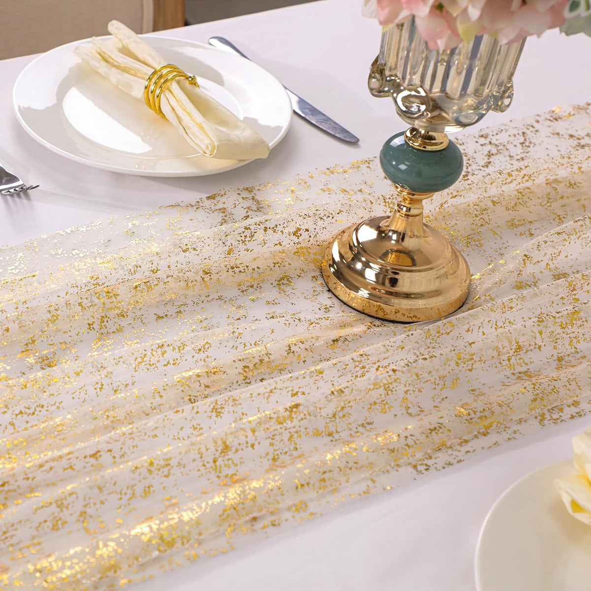 10 Pack 10ft Gold Table Runners, Sheer Chiffon Tulle Cheesecloth Sequin Glitter – features