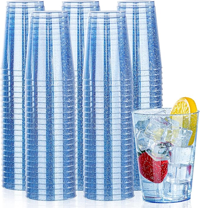 Cups: 100 Count Blue Glitter Disposable Plastic, 10 oz Capacity