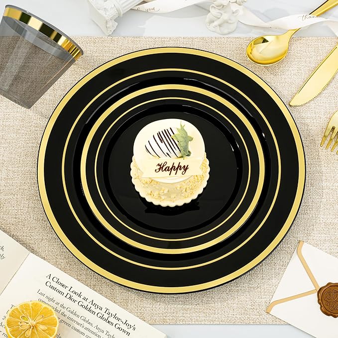 Plates Set, 350 Pieces, Black and Gold Plastic for 50 Guests