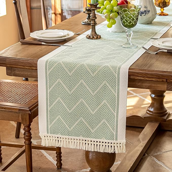 Table Runner 14x72 Inch Green Polyester with Fringed Boho Print
