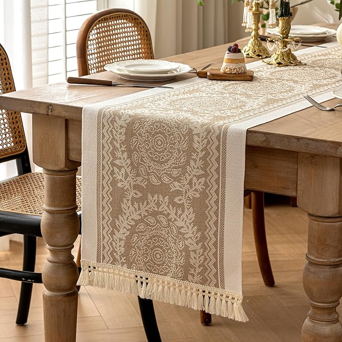 Table Runner, 14 x 119 Inch Coffee Polyester Boho with Fringe Trim