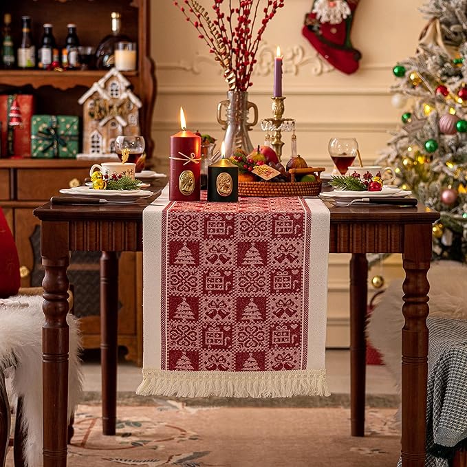 Table Runner 14 x 63 Inch Polyester with Fringed Geometric Print