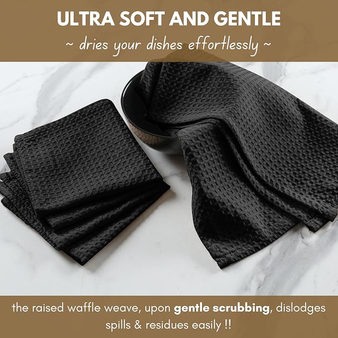 Dish Towels, 4-Pack Cotton Waffle Weave, 16x26 Inch, Black