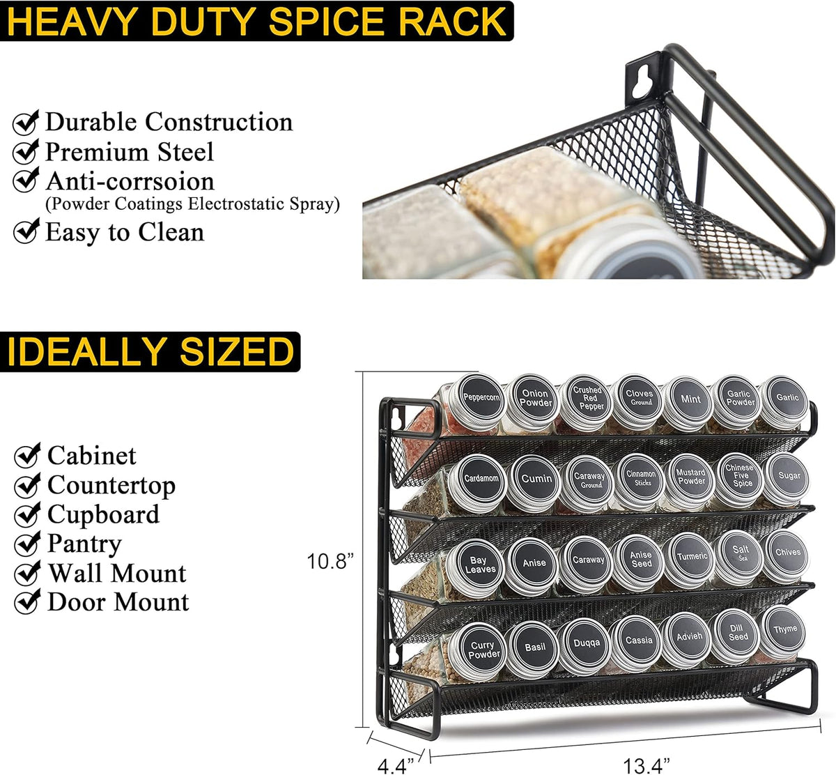 Spice Rack Organizer with 28 Spice Jars, 386 Spice Labels, Chalk Marker – close-up