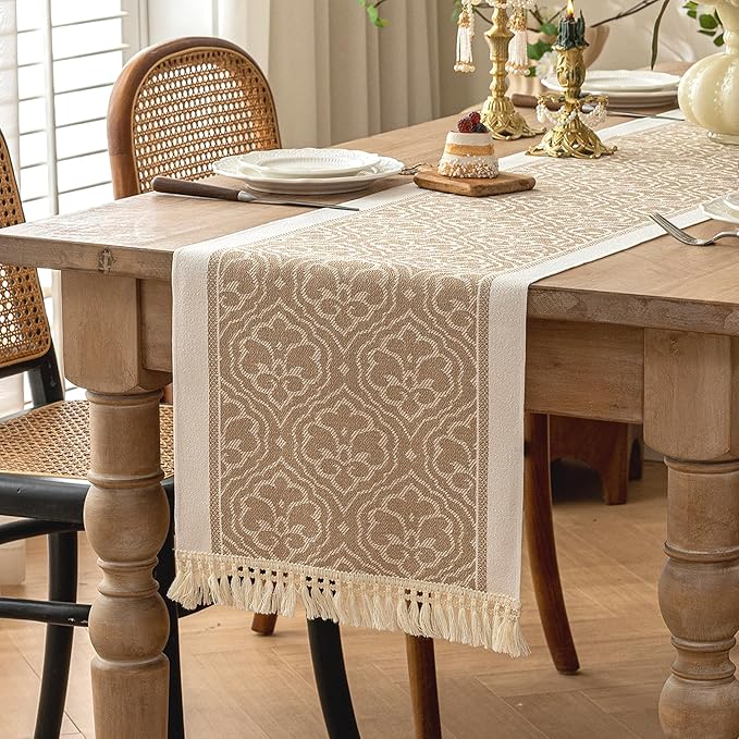 Table Runner 14 x 72 Inch Polyester Boho Fringed Coffee