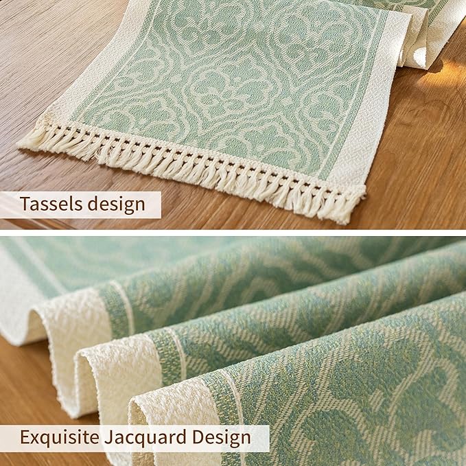 Table Runner 14x83 Inch Green Boho Polyester with Fringed Trim
