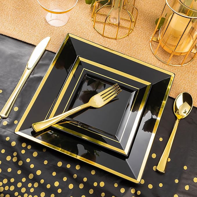 Party Plates Set, 352 Pieces in Black Plastic with Gold Rim