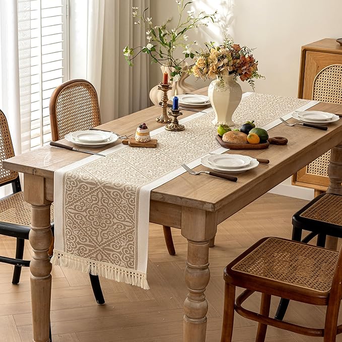 Coffee Boho Table Runner, 14 x 107 Inches, Polyester with Fringe