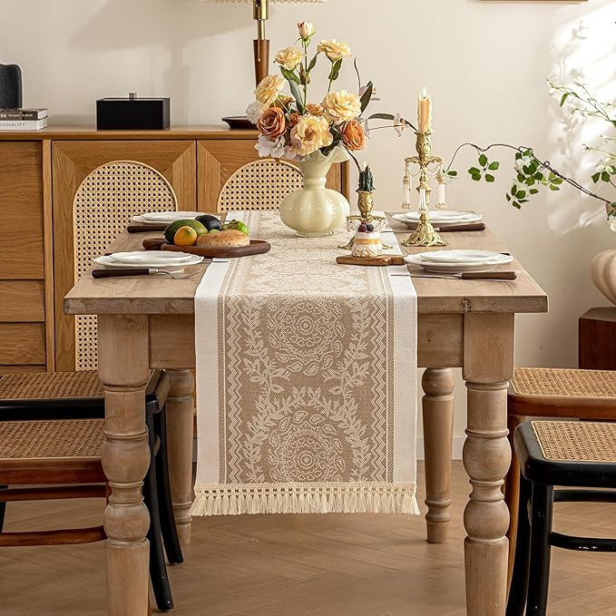 Table Runner, Coffee Boho Fringed Polyester, 14 x 63 Inch