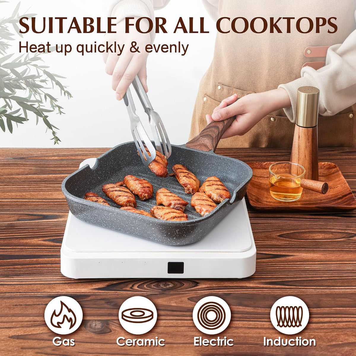 Nonstick Grill Pan with Lid, Grill Pan for Stove Tops, Versatile Griddle Pan – set view